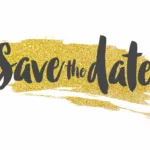 Save the date message on a gold sparkling glitter background